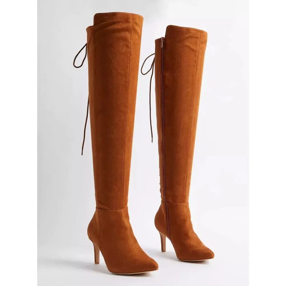 Torrid 10WW Cognac Brown Faux Suede Lace Up Over The Knee Boots Wide Calf‎